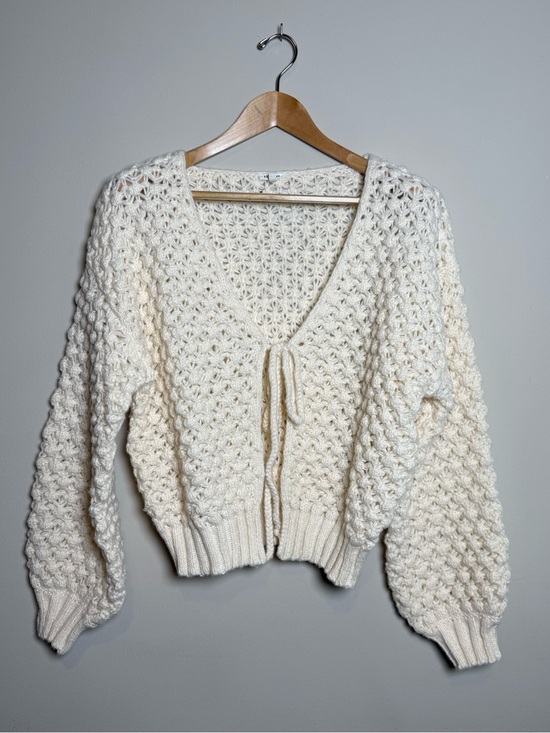 En Creme Sweaters - En Creme | Chunky Knit Tie Front Balloon Sleeve Cardigan | Cream | S/M